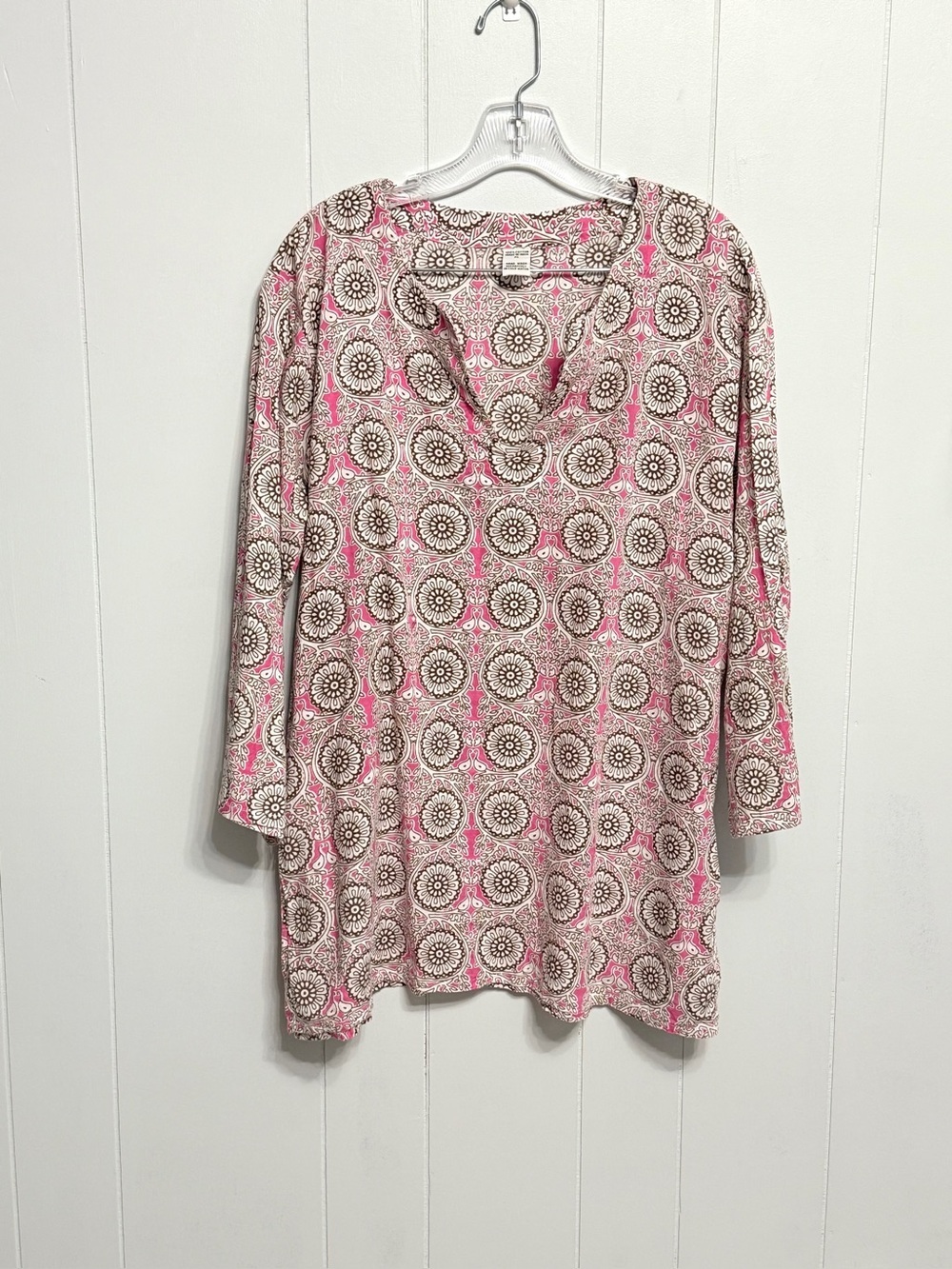 #12) Women’s Pink Patterned V-Neck Tunic Cotton Top